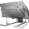 Air-powered dock leveler with steel deck and inflatable lifting system for loading dock access.