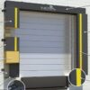 Full-perimeter dock shelter with foam side pads and head curtain sealing a loading dock opening.