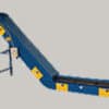 Portable incline conveyor with cleated belt designed for elevating products between work areas.
