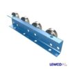 Blue conveyor guide rail with four metal guide rollers