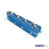 Blue conveyor guide rail with four metal guide rollers