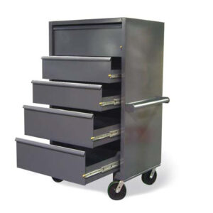 mobile drawer cabinet with lock in and lock out slides