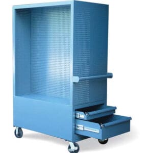 mobile tool cart with pegboard interior and 4 drawers