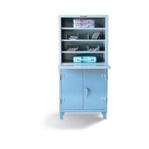 open shelving unit with lockable storage