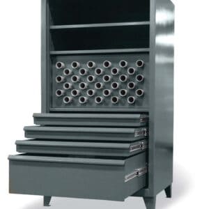 shelving unit with rod holders and 4 drawers