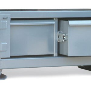 two drawer shelving unit with lock bar