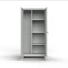 Tall gray industrial storage cabinet with adjustable shelves and single door