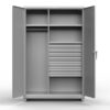 Gray industrial storage cabinet with drawers, shelves, and hanging rod
