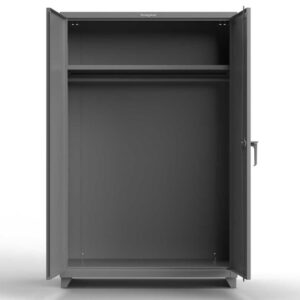 Gray industrial storage cabinet with shelf and open door