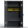 Dark gray industrial storage cabinet with bin storage and open interior shelves