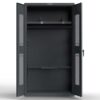 Dark gray industrial storage cabinet with shelves and open doors