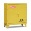 Yellow flammable safety cabinet with single door and warning label
