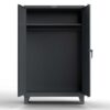Dark gray industrial storage cabinet with shelf and open doors