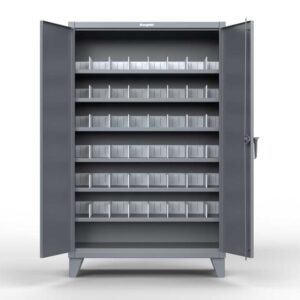 Dark gray industrial storage cabinet with bin storage and multiple small parts compartments