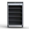 Dark gray industrial storage cabinet with open front and adjustable shelves