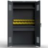 Dark gray industrial storage cabinet with bin storage and open interior shelves