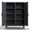 Dark gray industrial storage cabinet with double doors and divided adjustable shelving
