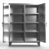 Stainless steel storage cabinet with multiple shelves and double doors