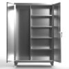 Stainless steel storage cabinet with open hanging space and shelves