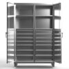 Stainless steel storage cabinet with multiple drawers and double doors