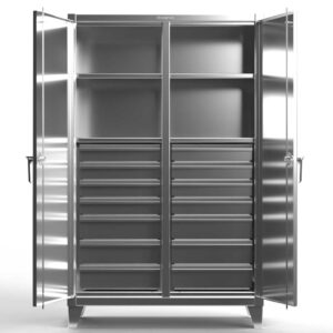 Stainless steel storage cabinet with multiple drawers and double doors
