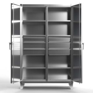 Stainless steel storage cabinet with drawers and adjustable shelves