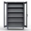 Dark gray industrial storage cabinet with open doors and adjustable shelves