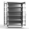 Stainless steel storage cabinet with open doors and adjustable shelves