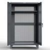 Dark gray ventilated storage cabinet with perforated doors and shelves