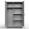 Gray industrial storage cabinet with hanging rod and shelves