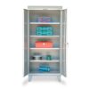 Tall gray storage cabinet with adjustable shelves and bins