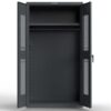 Dark gray industrial storage cabinet with open doors and interior shelf