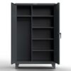 Dark gray industrial storage cabinet with hanging rod and multiple shelves