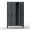 Gray metal locker cabinet with open doors and hanging storage area