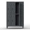Dark gray locker-style storage cabinet with multiple compartments and center storage section