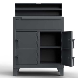 Dark gray shop desk with four closed compartment, one drawer, and a riser shelf, standing on 6-inch legs.
