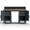 Industrial workbench with wood top, central leg space, and dual drawer cabinets