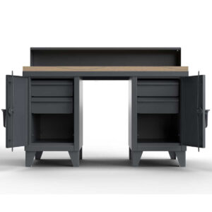 Dark gray workbench with riser shelf, 4 drawers, and a maple top, standing on 6-inch legs.