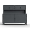 Dark gray industrial storage cabinet with upper compartments and lower doors
