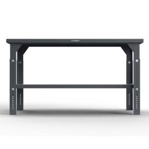 Dark gray work table with maple top, 1 bottom shelf, and adjustable legs.
