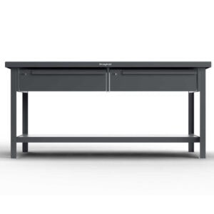 Frontal view of a dark gray work table with table top, bottom shelf, 2 drawers, and welded angle legs.