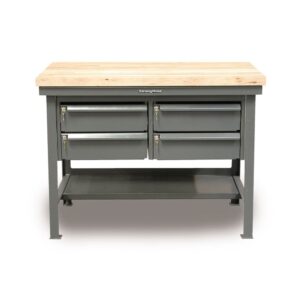 Dark gray work table with maple top, 4 drawers, 1 bottom shelf, and welded angle.