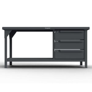 Industrial workbench with dark top and three drawer cabinet