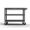 Dark gray service cart with three shelves and caster wheels
