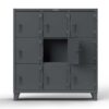 Dark gray industrial locker cabinet with multiple compartments and doors