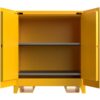 Yellow industrial storage cabinet with shelf and open doors