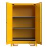 Yellow industrial storage cabinet with two shelves and open doors