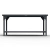 Dark gray industrial steel work table with open frame and support bar