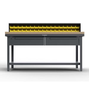 Industrial workbench with bin storage and maple top