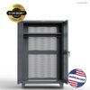 Gray industrial storage cabinet with perforated panels, open door, and warranty badge